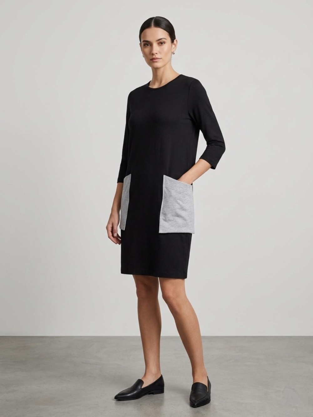 Birch Black Casual Dress with Gray Pockets 3/4 Sleeve Jersey Shift Size Large